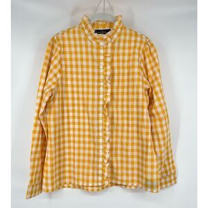 NEW Kiel James Patrick Gold Gingham Ruffle Stand Collar Button Up Size Medium